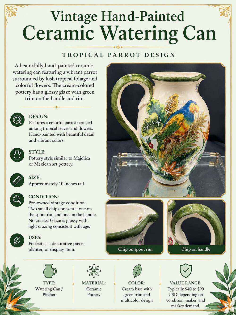 Vintage Hand-Painted Ceramic Watering Can Pitcher with Tropical Parrot Design